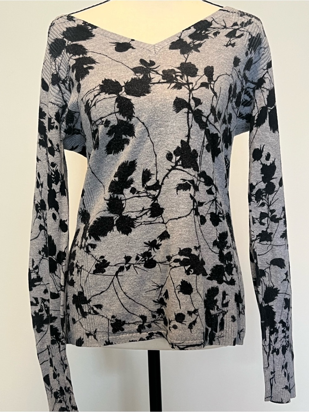Gray and Black Floral V-Neck Sweater